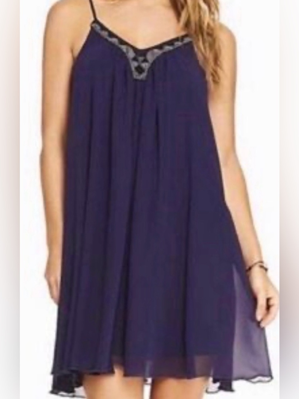 Express Womens Mini Dress Tunic Size M purple Sleeveless Beaded Chiffon Pleated